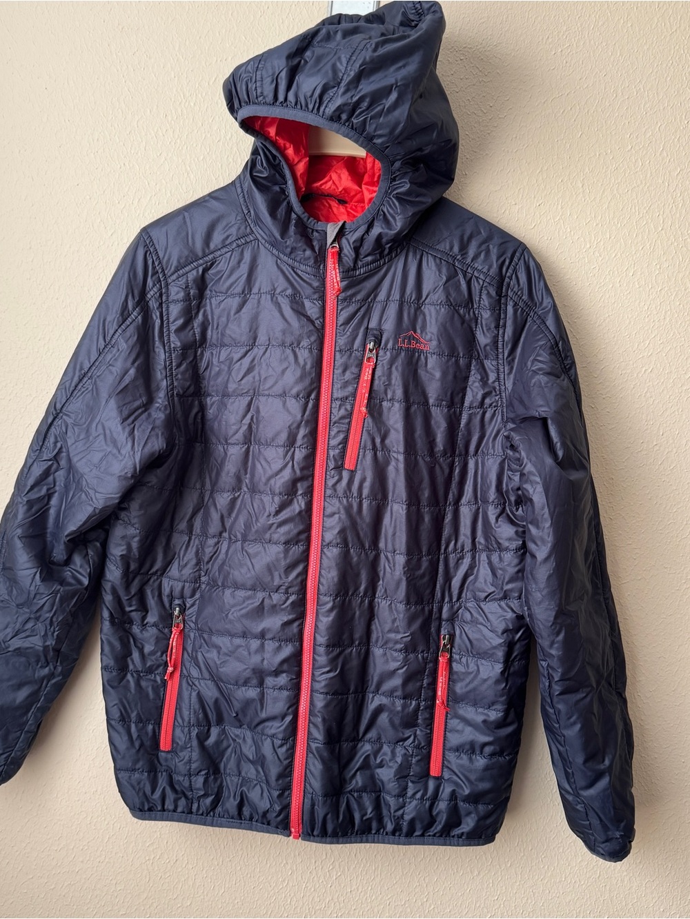 LL Bean Puffy Coat Jacket Blue Red Lined Unisex Size L 14/16 ID 503804 Hiking